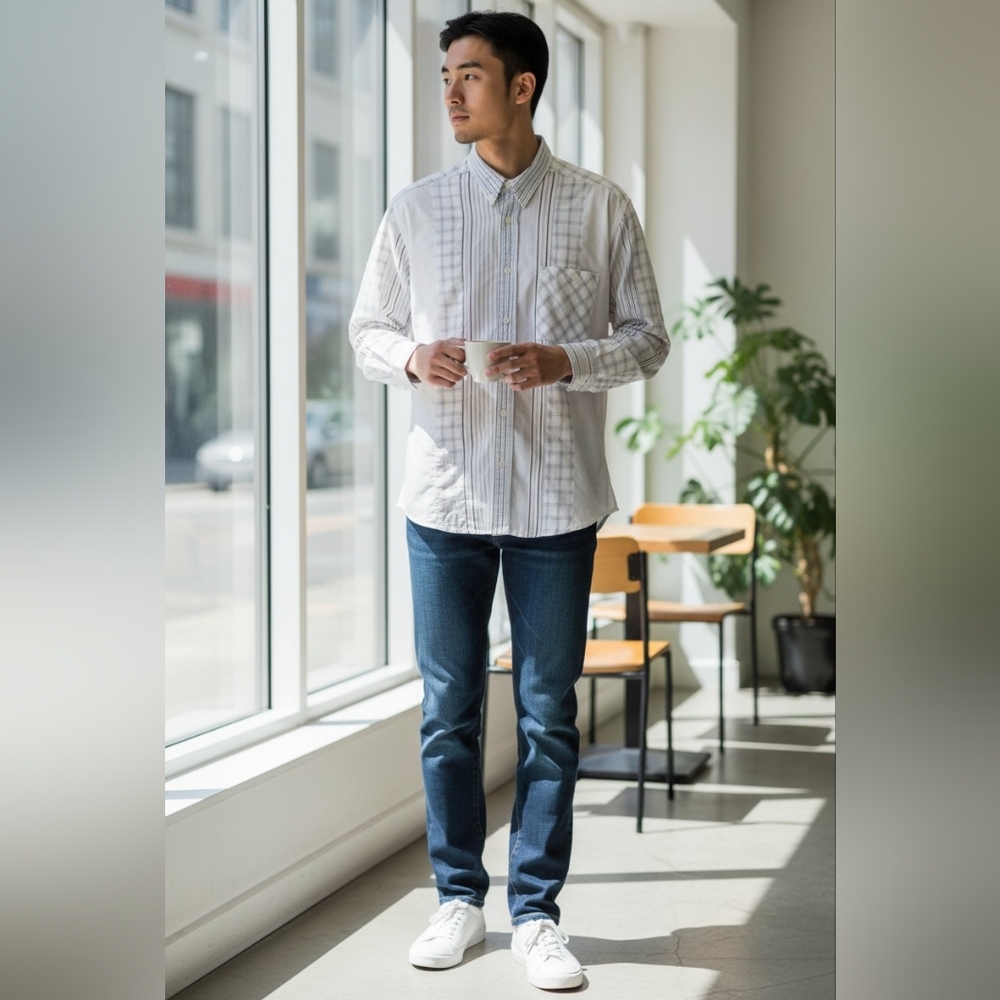 DKNY  Cotton Men's White and Gray Patterned Shirt